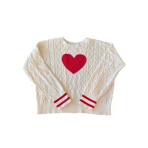Lands' End Preppy Drifter Heart Cable Knit Sweater XL Ivory Red Crewneck